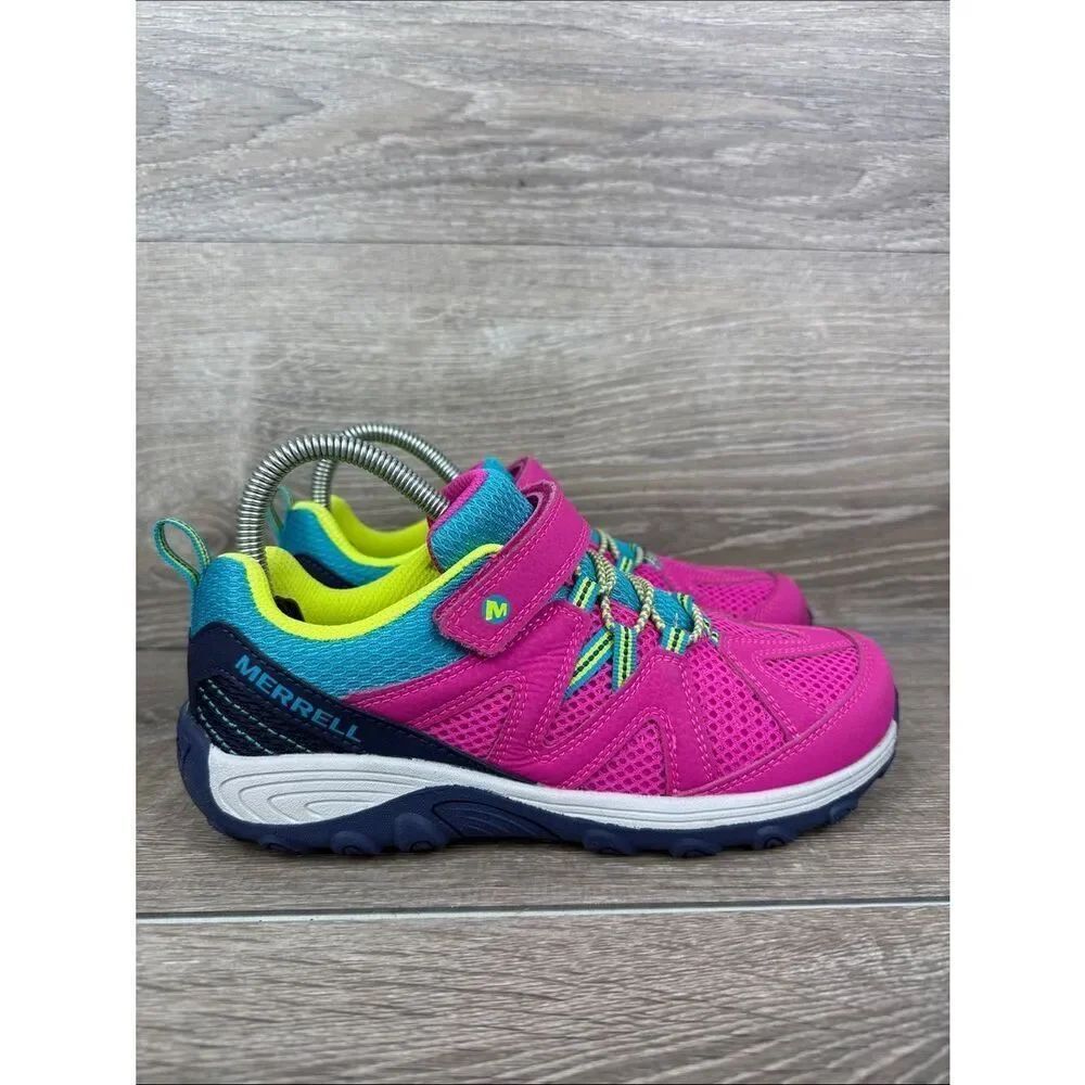 Merrell Ridge Trek Jr Big Girl Sz 4.5W Pink Leather Blue Hook & Loop Sneakers